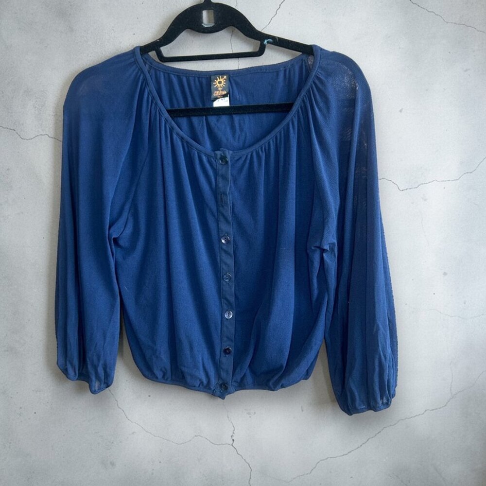 Jean Paul Gaultier Blue Mesh Cropped Long Sleeve Peasant Blouse Size Medium